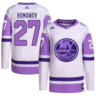 Men's Alexander Romanov New York Islanders Adidas Hockey Fights Cancer Primegreen Jersey - Authentic White/Purple