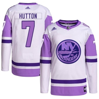Men's Grant Hutton New York Islanders Adidas Hockey Fights Cancer Primegreen Jersey - Authentic White/Purple