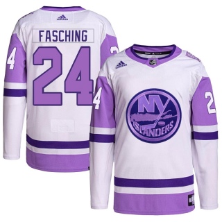 Men's Hudson Fasching New York Islanders Adidas Hockey Fights Cancer Primegreen Jersey - Authentic White/Purple