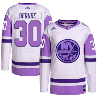 Men's Jean-Francois Berube New York Islanders Adidas Hockey Fights Cancer Primegreen Jersey - Authentic White/Purple