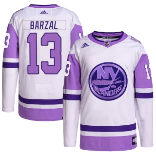 Men's Mathew Barzal New York Islanders Adidas Hockey Fights Cancer Primegreen Jersey - Authentic White/Purple