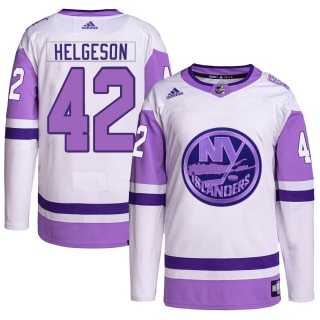 Men's Seth Helgeson New York Islanders Adidas Hockey Fights Cancer Primegreen Jersey - Authentic White/Purple