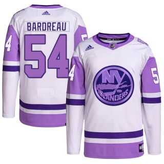 Youth Cole Bardreau New York Islanders Adidas Hockey Fights Cancer Primegreen Jersey - Authentic White/Purple
