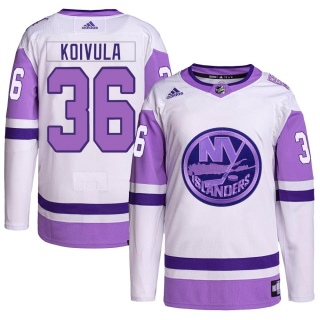 Youth Otto Koivula New York Islanders Adidas Hockey Fights Cancer Primegreen Jersey - Authentic White/Purple